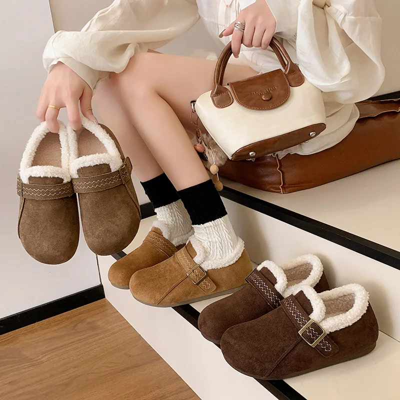 

2025 Plush Winter Shoes with Chunky Platform, Retro Fleece Lined Slip-On Lazy Shoes, Warm Cotton Padded Casual Boots for Women