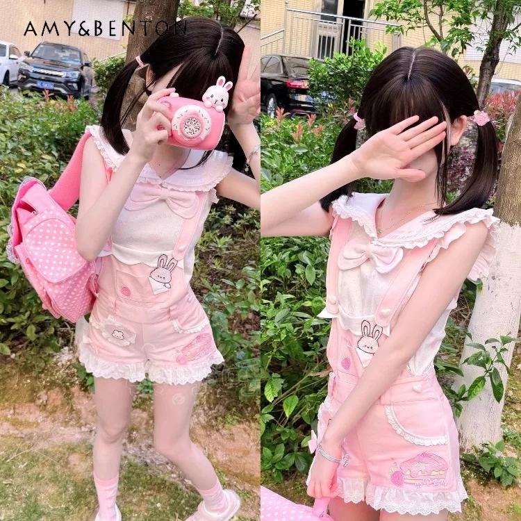 

2025 Summer New Soft Girl Print High Waist Suspenders Pants Cotton Sleeveless Top Sweet Cute Daughter Overalls Pants Set