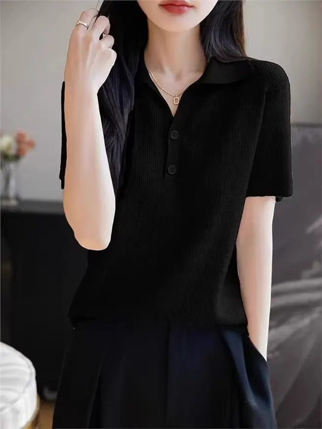2025 New  Collar Knitted ort Sve T-irt Women's Design Faionable Button up irt Regular Fit Bodycon Top