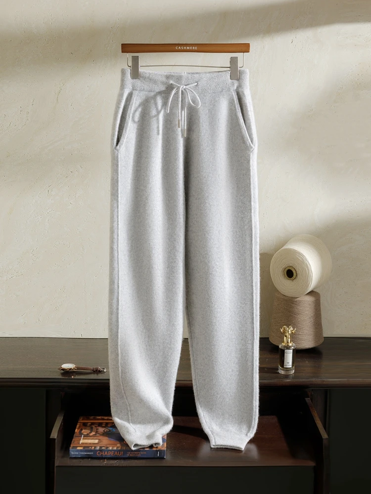 High Quality 100 Cashmere Kint Small Leg Pants Autumn Winter Men's Sweatpants Solid Casual Versatile Thick Ankle-Length Trousers
