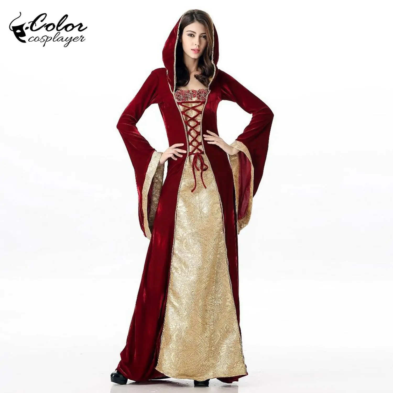 Kleur Cosplayer Middeleeuwse Jurken Capuchon Gewaad Vintage Edele Prinses Cosplay Kostuum Volwassen Halloween Stage Performance Kleding