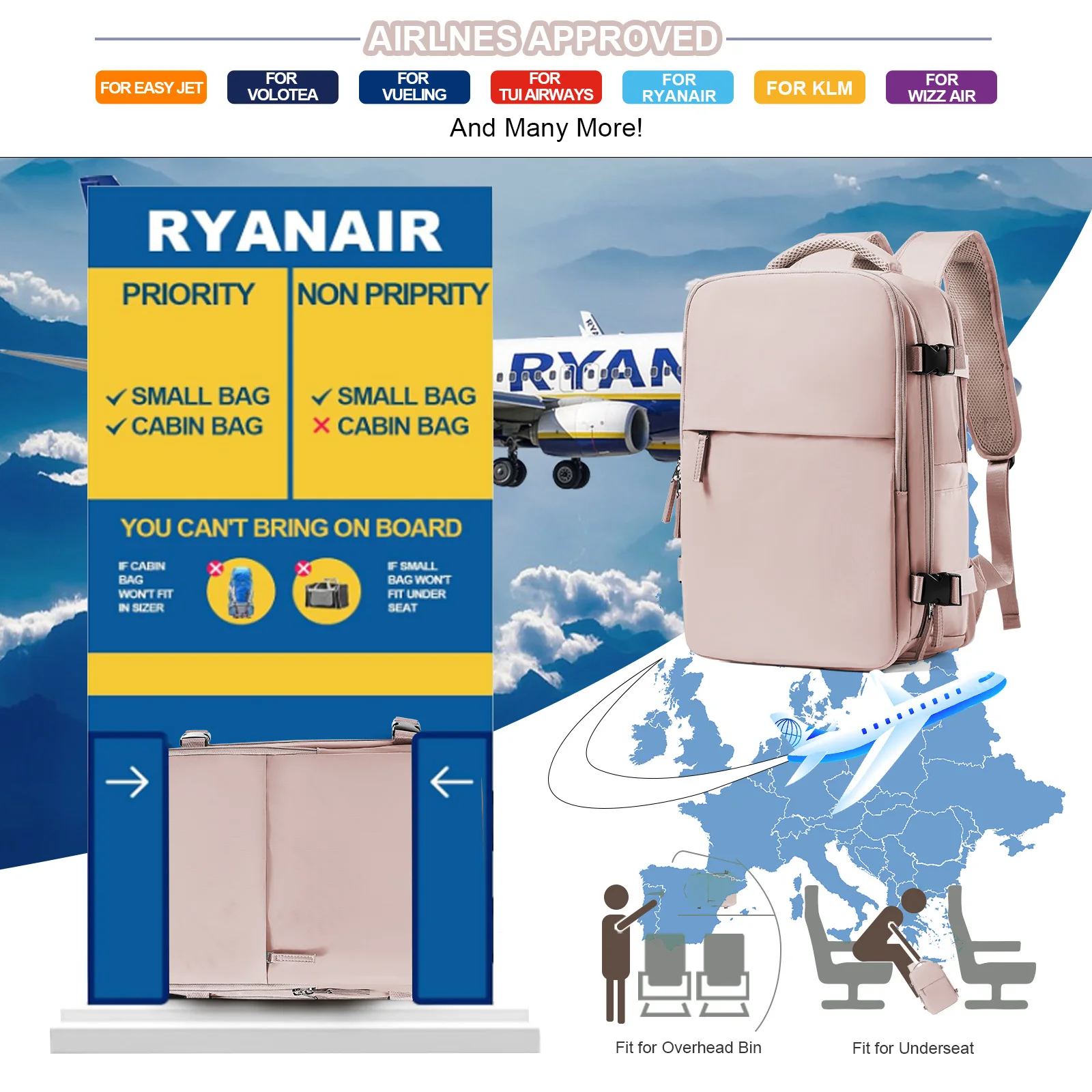 Ryanair-mochila de viaje para hombre y mujer, equipaje de mano reforzado para llevar ordenador portátil, 40x20x25