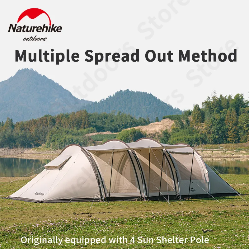 Naturehike 4 Rod Tunnel Tent Outdoor Camping Large Space Tent 4 Season 2 Rooms 1 Hall 4-6 Person 20㎡ Sunscreen With Snow Skirt