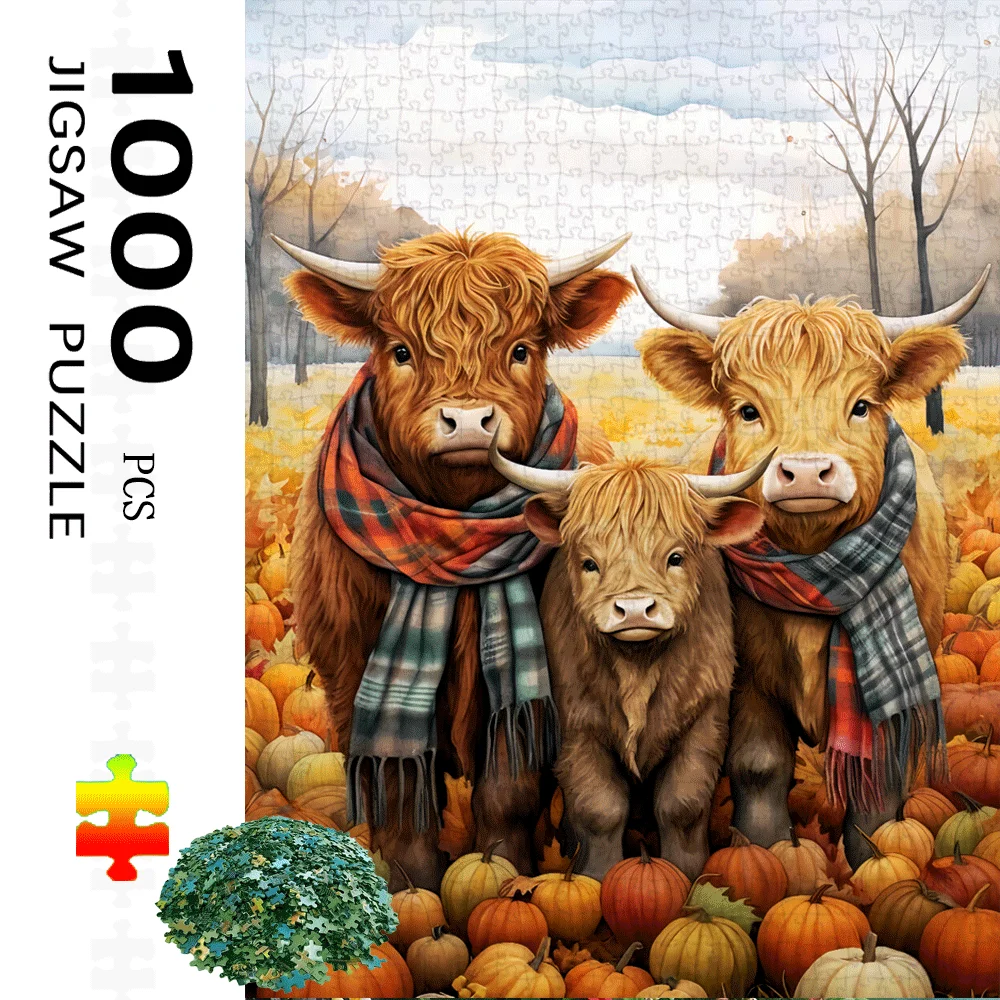 [Puzzle parabolico] Puzzle impegnativo da 1000 pezzi per adulti - Bovini delle Highland con sciarpe scozzesi e zucche autunnali