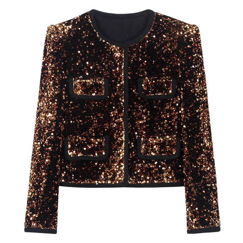 Chaqueta corta dorada brillante de manga larga para mujer, chaqueta de mujer de lujo a la moda de alta calidad con estilo de fragancia pequeña y contraste con múltiples bolsillos