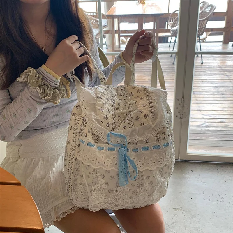 Cute Lace Bow Korean Backpack, Handmade Floral Pearl Patchwork Bag, Preppy Lolita Style Shoulder Purse For Girls Women