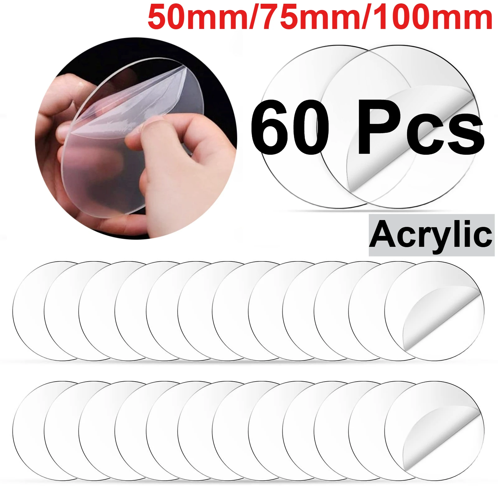 60pcs 50/75/100mm Transparent Acrylic Sheet Circle,1mm Thick Plexiglass Discs Panel, Clear Plastic Blank Board For DIY Ornament