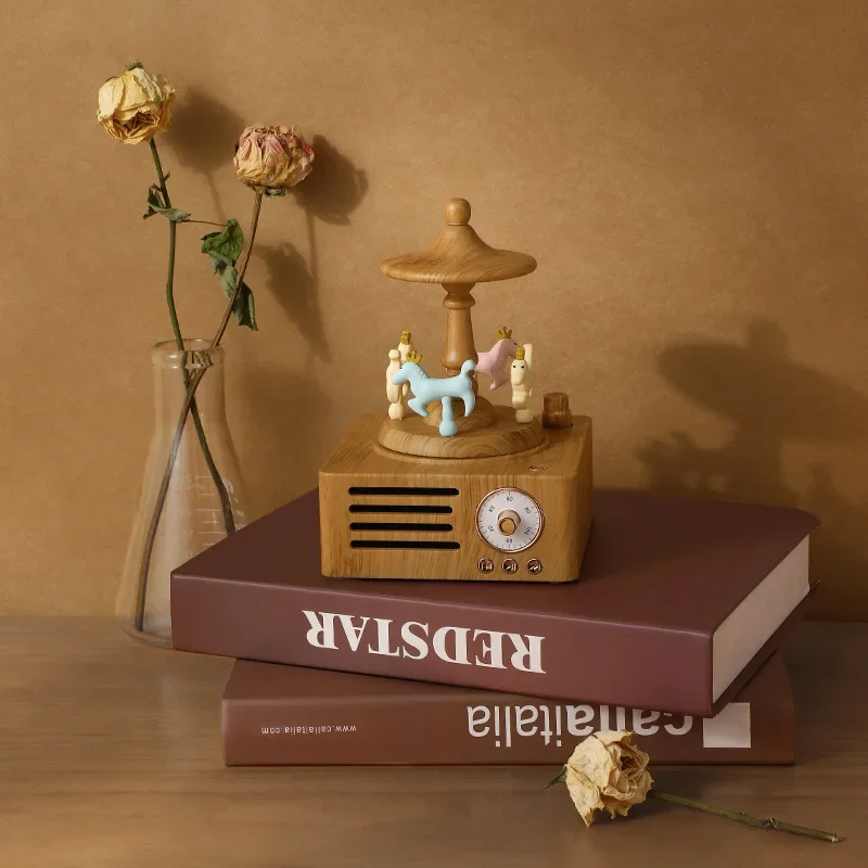 مكبر صوت بلوتوث من الخشب الحبيبي، دائري طفولي، صوت قديم