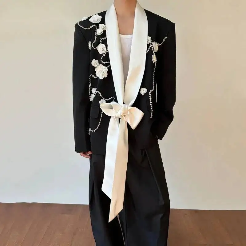 Men's Niche Black Suit Coat Patchwork Casual White Floral Blazer Jacket Colorblock Design Fashion Male Clothing CPG9N2Y