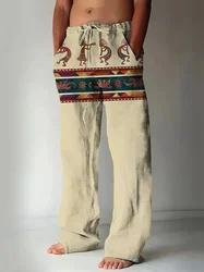 Ethnic retro totem print men's casual pants bamboo linen breathable drawstring pants loose handsome everyday straight pants