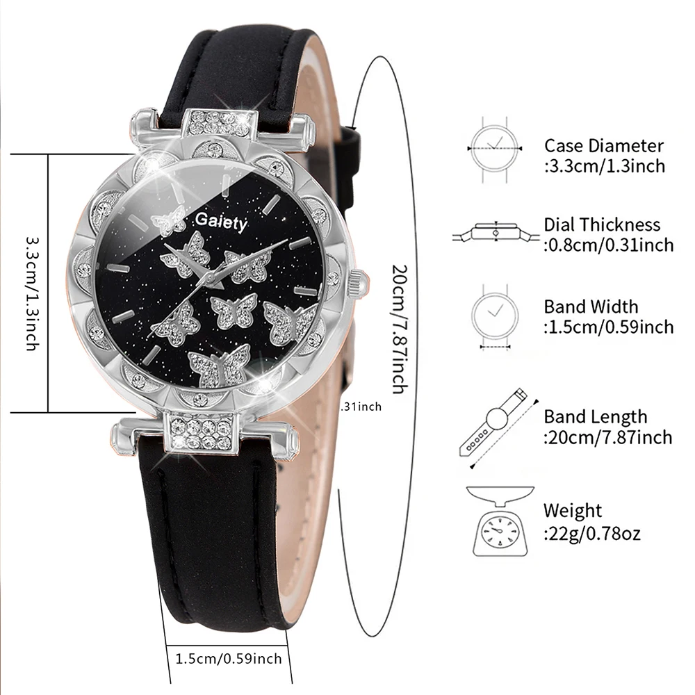 6PCS/Set Women Watch Set Rhinestone Quartz Wristwatch Butterfly Element Dial Watch Set Butterfly Jewelry Set Gift For Girls