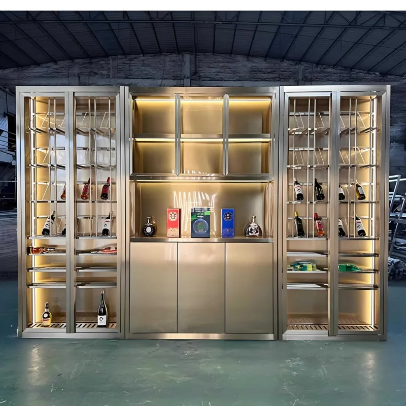 custom.Luxury Custom Open Wine Cabinet with LED Lighting Stainless Steel Liquor Red Wine Display Showcase and Open Partition Win
