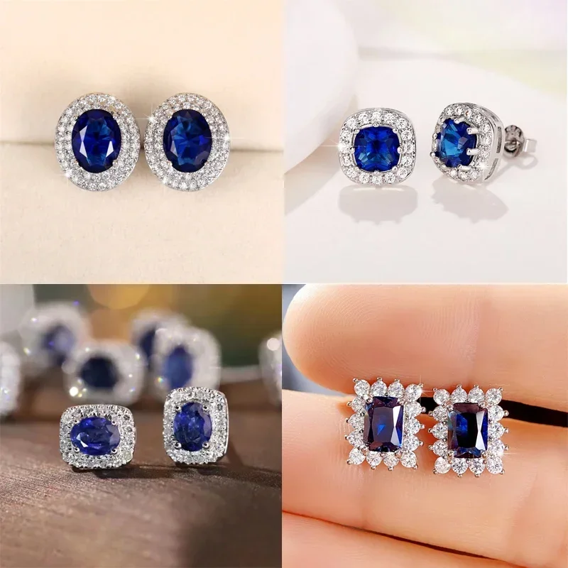 Noble Blue Cubic Zirconia Stud Earrings for Lady Ear Piercing Modern Fashion Design Eternity Women  Bulk Jewelry