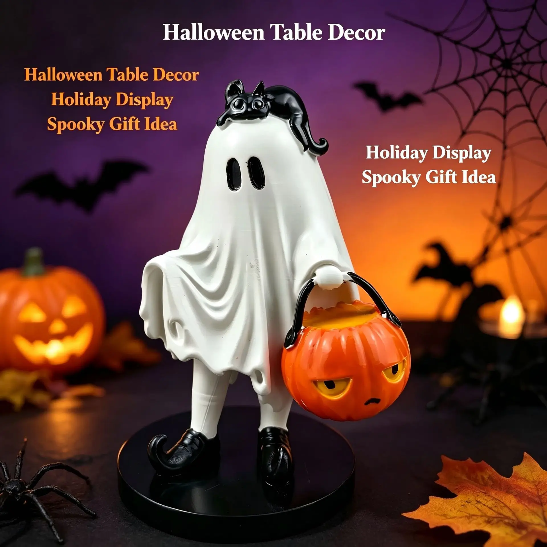 Halloween Ghost Pumpkin Resin Figurine Spooky Tabletop Ornament Holiday Party Home Shelf Decoration Fall Seasonal Gift