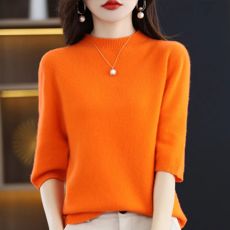 Summer new ladies 100% pure wool knitted short-sleeved round neck pullover solid color Joker loose T-shirt