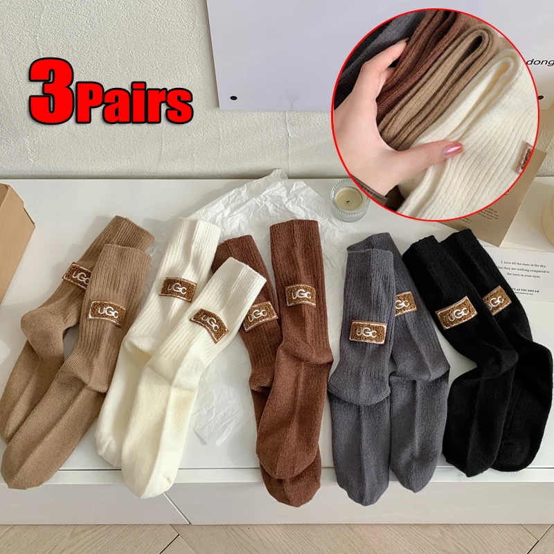 3 Pairs Winter Thick Warm Socks Women's Wool Cashmere Solid Thickened Pile Socks Embroidered Logo Mid-Calf Casual Socks