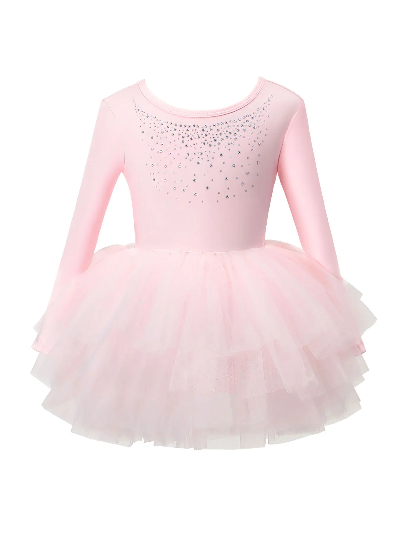 Pink Long-Sleeved Casual Dance Dress for Girls, with Rhinestone Embellishments and Criss-Cross Back Design, Solid Color Multi-Layered Tulle Skirt, Comfortable and Soft with Hidden Buttons to Prevent Exposure, Suitable for Daily Dance Practice, Outings, and Casual Wear