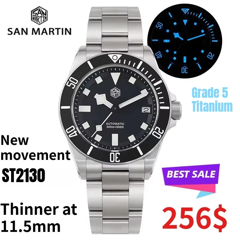 San Martin SN0121T Titanium Diving Watch ST2130 Automatic Movement Watches Grade5 Titanium 120 Click Waterproof 300m Wristwatch