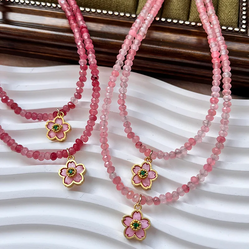 

Retro Pink Chalcedony Stone Strand Chain Multi-section Abacus Bead Necklace Shell Peach Blossom Pendant Vintage Necklace