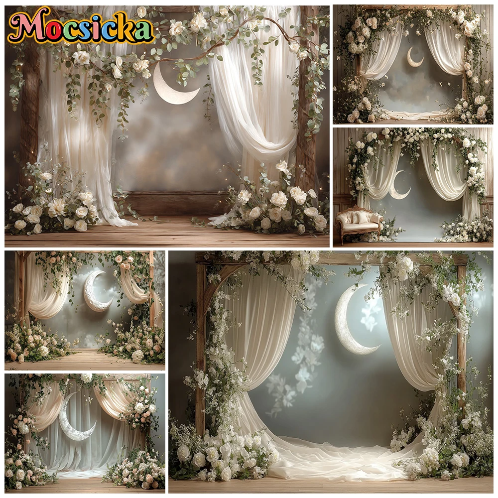 

Mocsicka Mother's Day Photography Background Beige Curtain Flower Moon Decors Photo Studio Banner Adult Women Portrait Backdrops