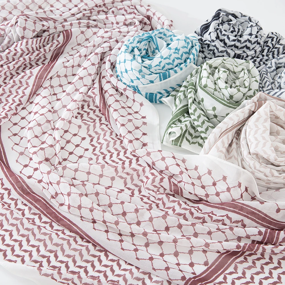 Newest Muslim Keffiyeh Hijab Chiffon Print Shawl Echarpe Keffyeh Fashion Ladies Soft Headwraps Geometric Style Arab Women Scarf image 6