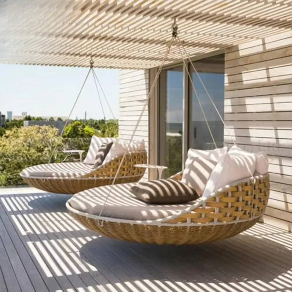 New Outdoor Rattan Daybed Swing Patio Leisure Hanging Rattan Wicker Swings Lounger Round Sunbed For Balcony