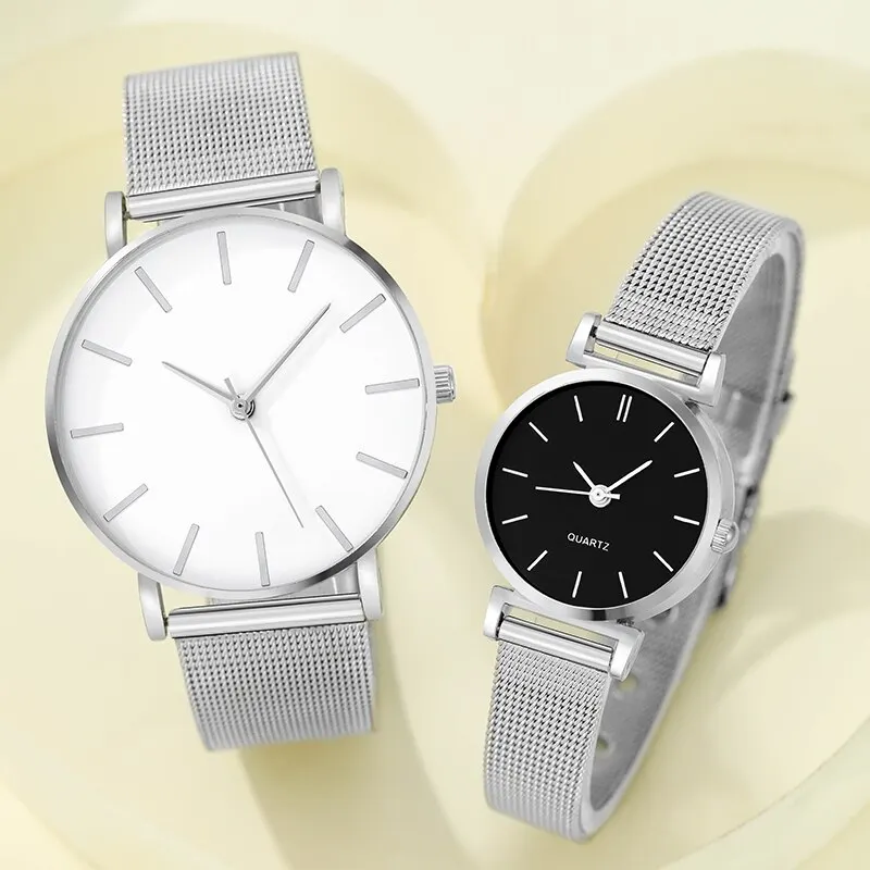 2pcs Stainless Steel Quartz Watches For Women Men Leisure Fashion Golden Ladies Clock Wristwatch