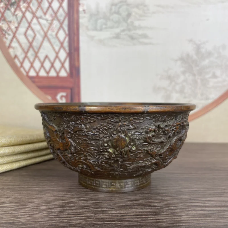 

Antique Copper Dragon and Phoenix Auspicious Bowl Ornament New Chinese Style Collectible Relief Old Patina Decorative Gift