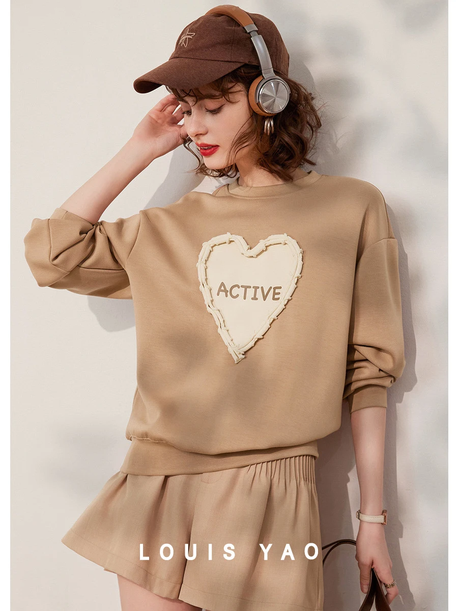 LOUIS YAO Women Sweatshirt Round Neck Long Sleeve 2024 Spring Loose Fit Drop Shoulder Sleeve Love Shape Pullover Top