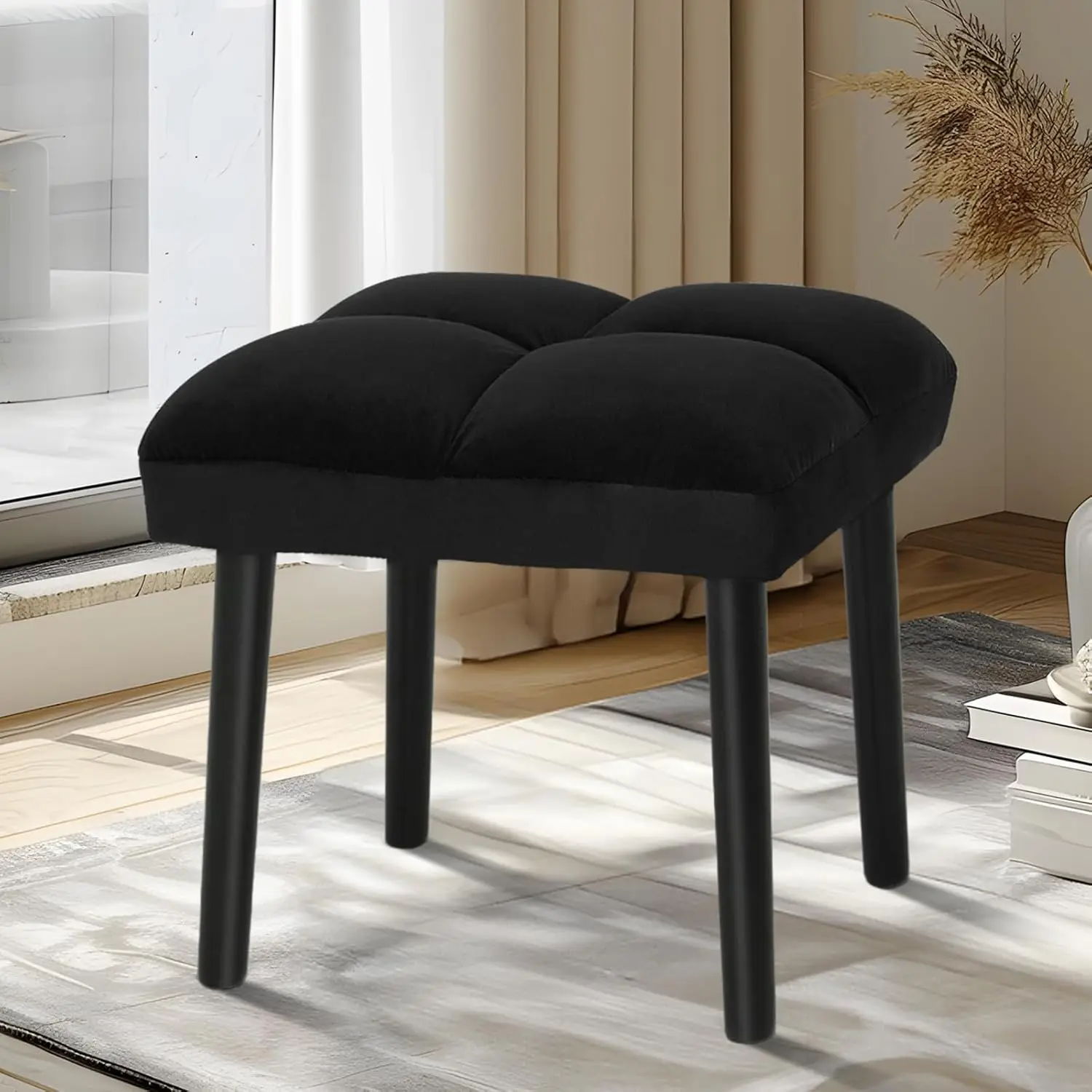 

Black Ottoman Stool, Square Makeup Stool with Wooden Legs, Small Ottoman Stools Chair for Vanity, Modern Padded Sofa Seat Foot R