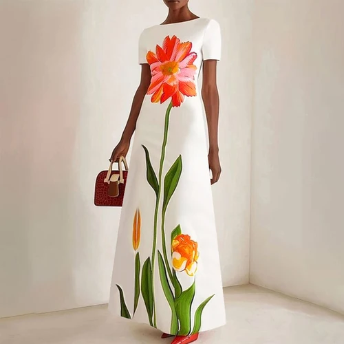 Imagen 1 del producto Gymystars Vestidos de noche de verano Vestidos de fiesta elegantes 2025 Moda Cuello barco Estampado de flores Vestido de vacaciones lujoso Ropa de tendencia