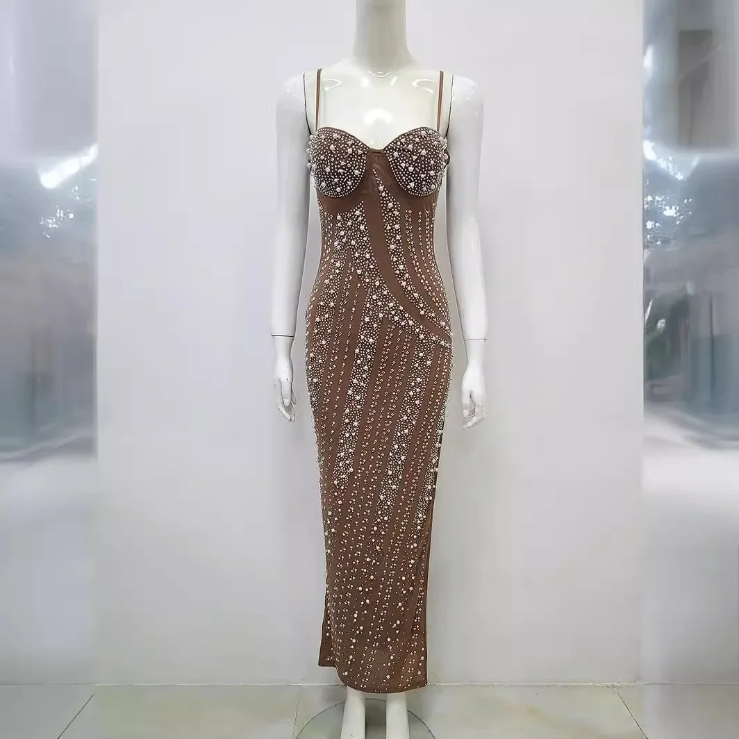 

Super sparkling diamond studded beads sexy low cut high slit suspender dress light luxury party dinner dress