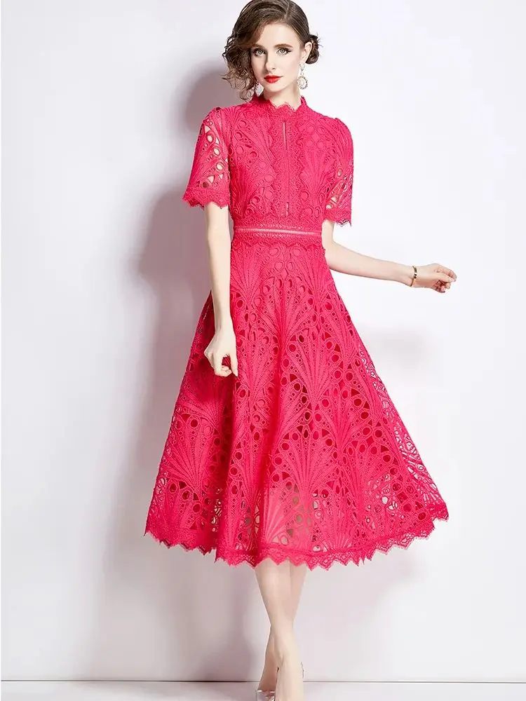 New Summer Luxioury Lace Embroidered Hollow Out Dress Women\'s O-Neck Short Sleeve High Waist A-Line Long Party Vestidos 6947