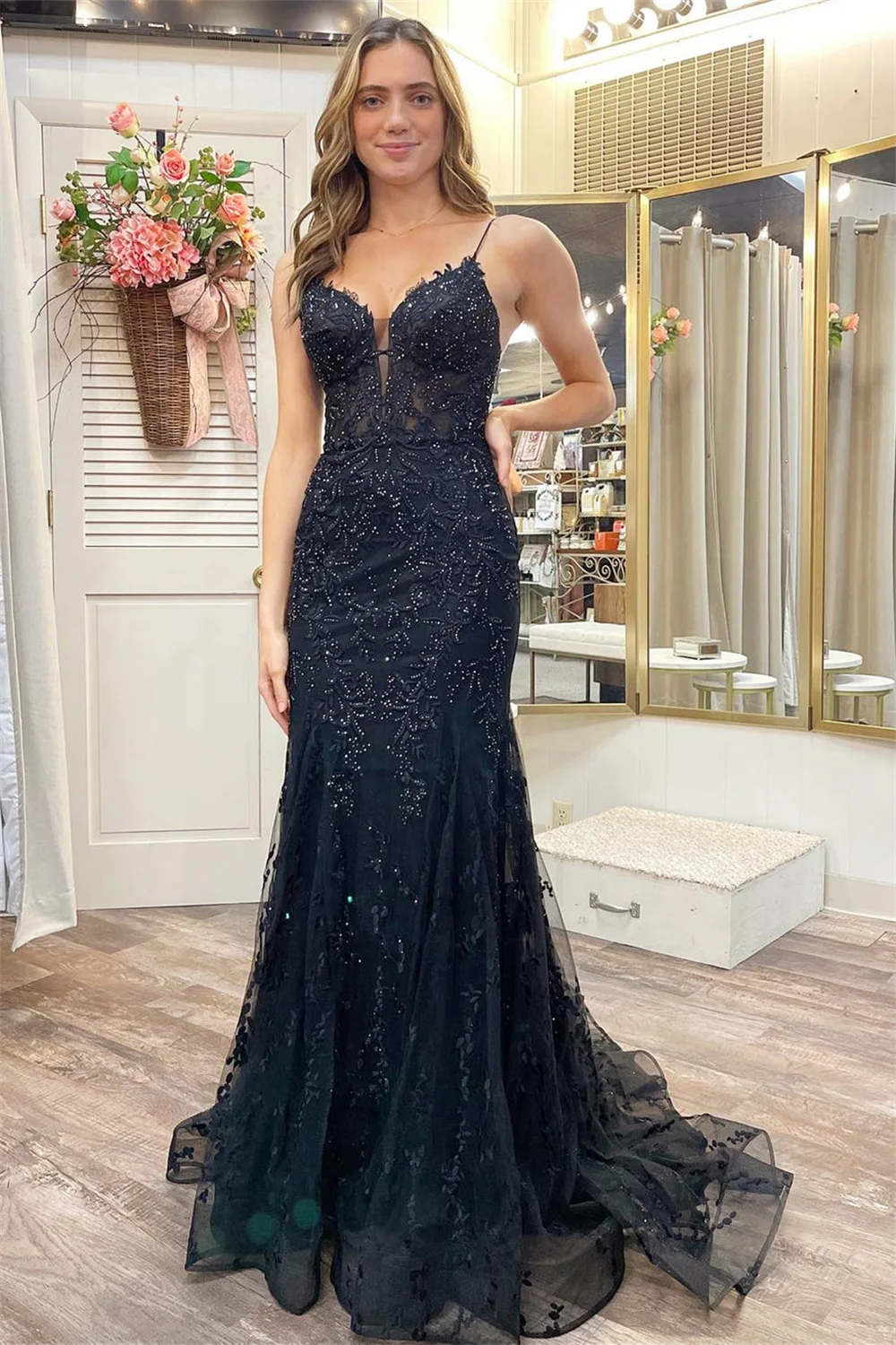 Bella Black Tulle Prom Dresses Spaghetti Strap Mermaid Wedding Dress Elegant Sleeveless Floor-Length Vestidos De Fiesta 2024