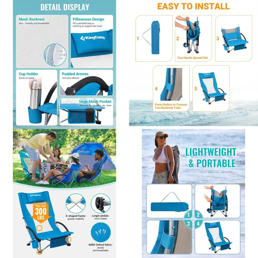 

Ergonomic Extra Wide Folding Beach Chair for Adults - Lightweight, High-Back, 300lbs Capacity with Carry Bag for Outdoors