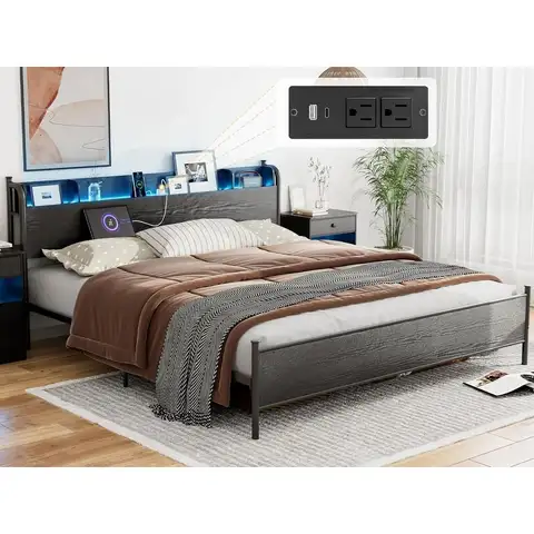 Struttura letto California King illuminata a LED con testiera portaoggetti, letto con piattaforma Cal King in metallo e legno con stazione di ricarica, M