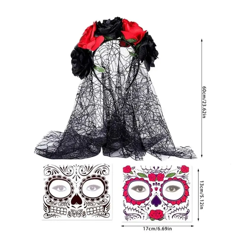 652F Halloween Dag Doden Kostuums Bloem Hoofdbanden Sluier Gezicht Getatoeëerde Stickers Dias los Muerto Vrouwen