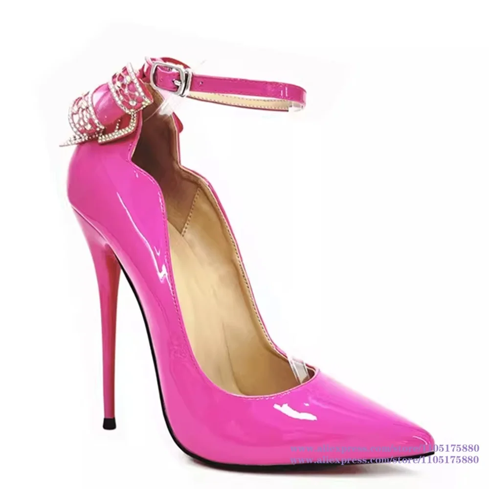 

Hot Pink Patent Leather Stiletto Pumps Pointed Toe Ankle Strap High Heels Rhinestone Bow Party & Wedding Dress Shoes for Women