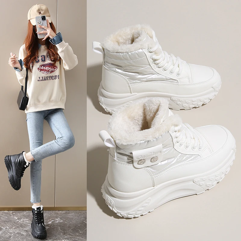 White snow boots for women in winter with wool thickened waterproof non-slip thick soled short boots with cold cotton shoes