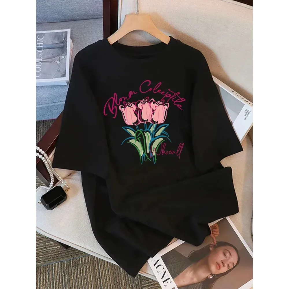 Men Women Summer T-shirt Tulip Art Bouquet Letter Print Round Neck Comfortable Loose Short Sleeve Holiday Clothing Graphic Tees