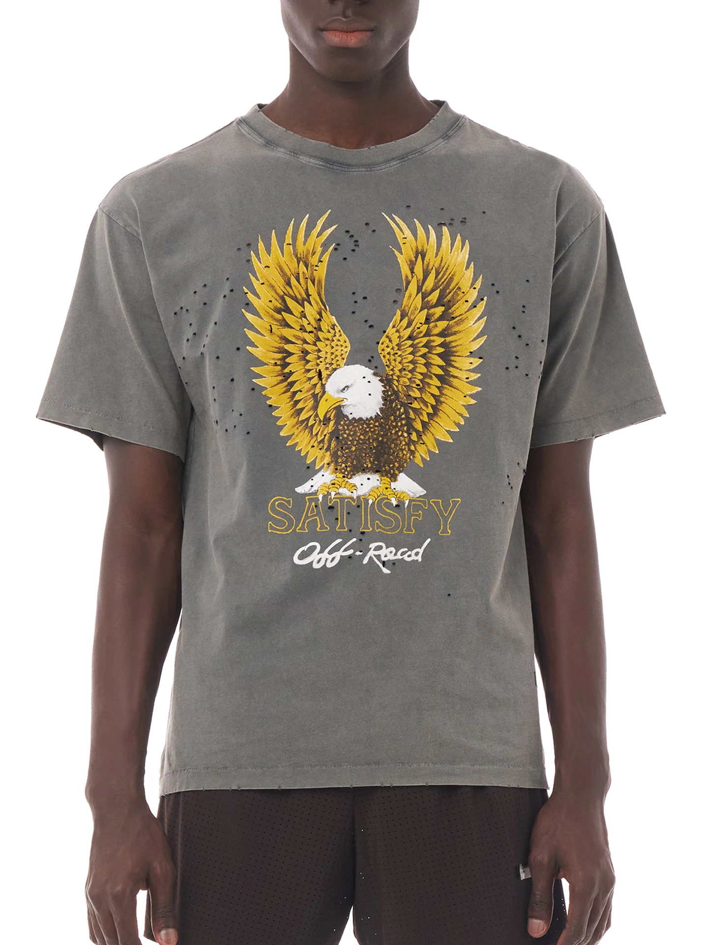 MothTech Eagle T-Shirt Vintage Worn Hole Pure Cotton Short Sleeve Off-Road Sporty Style round Neck Casual Men's T-Shirt