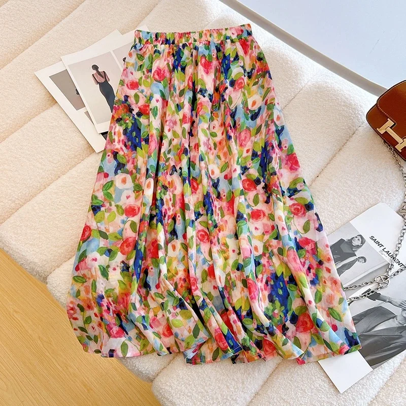 New Chinese Style Oil Painting Style Prints to Make Women Slim 2025 Summer Versatile High Waist Mid-length A-line Skirt