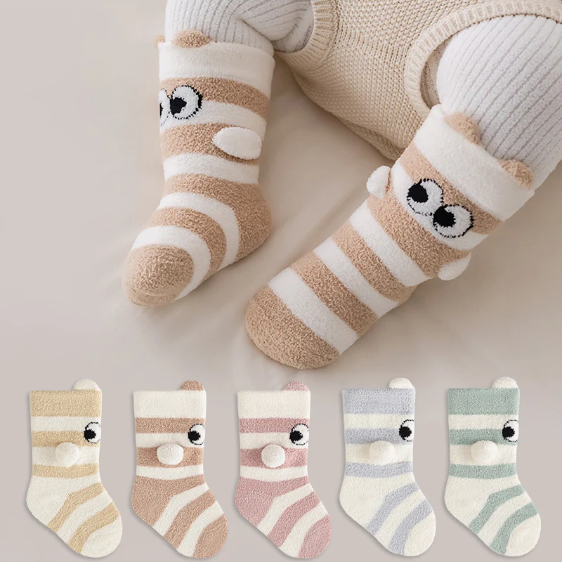 3/5 Pairs Newborn Baby Socks Coral Fleece Warm Striped Mid Tube Toddler Socks Cute Cartoon Thick Indoor Kids Floor Socks