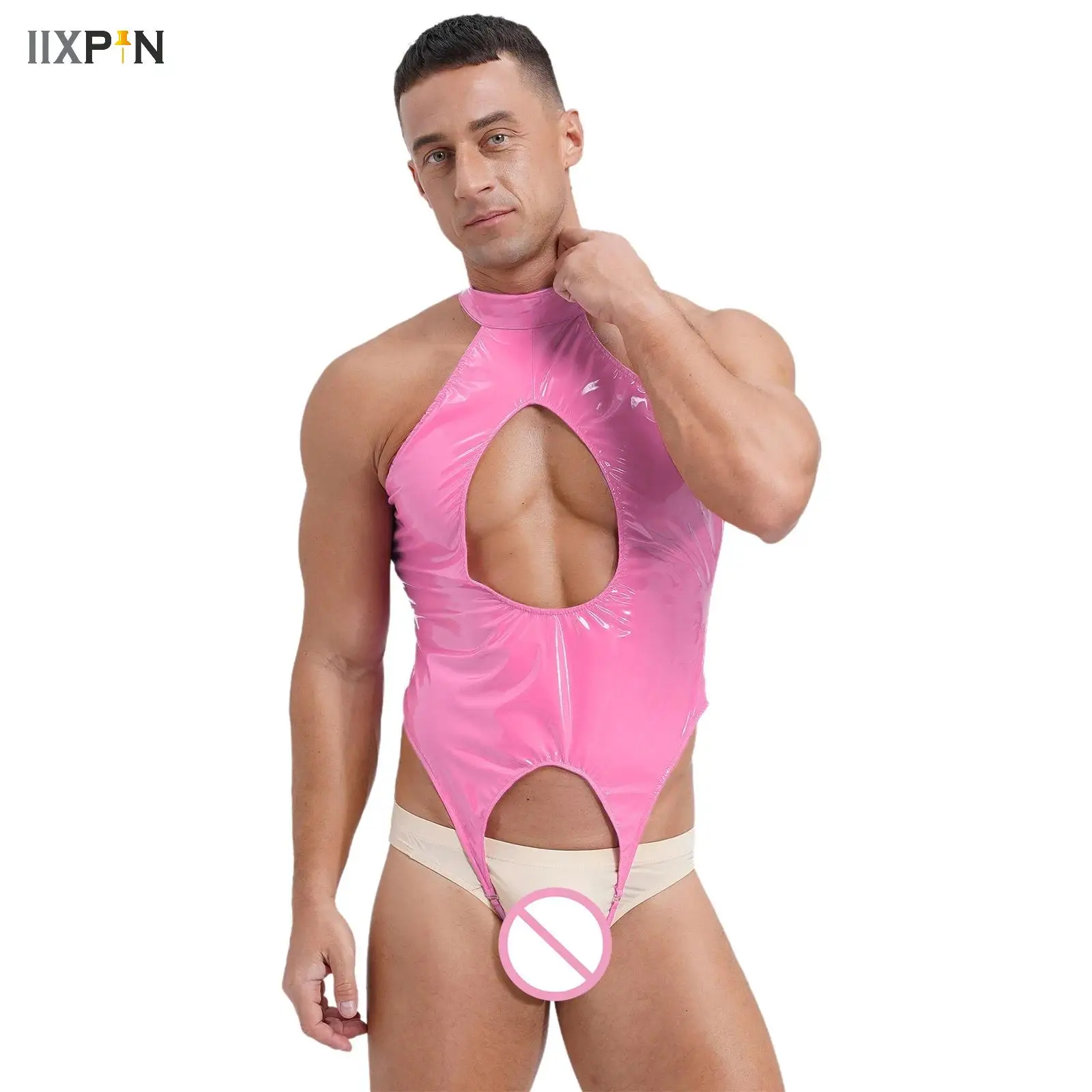 

Mens Wet Look Patent Leather Bodysuit Mock Neck Sleeveless Tempting Cut Out Crotchless Catsuit Jumpsuit Sissy Nightwear Lingerie