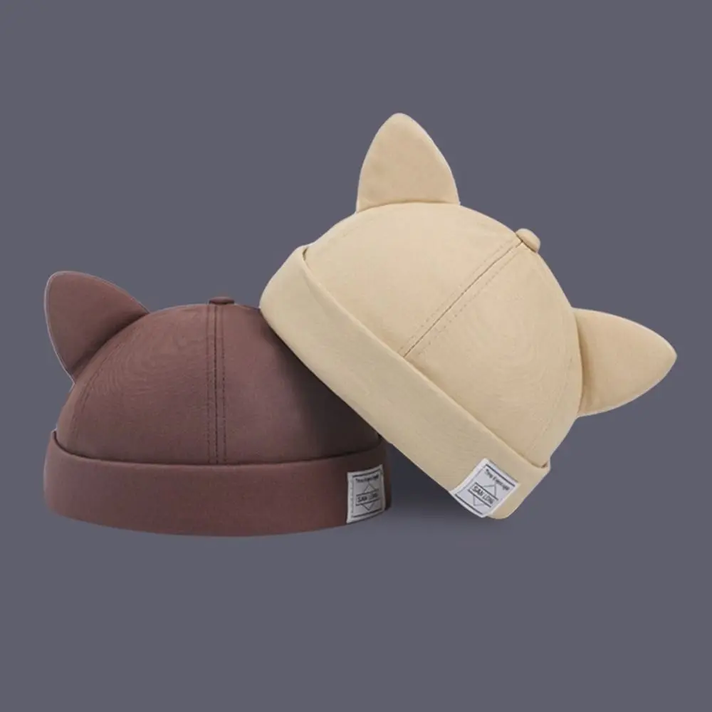 Casual Cotton Cat Ears Landlord Hat Adjustable Solid Color Beanie Hat Brimless Hip Hop Docker Cap Outdoor