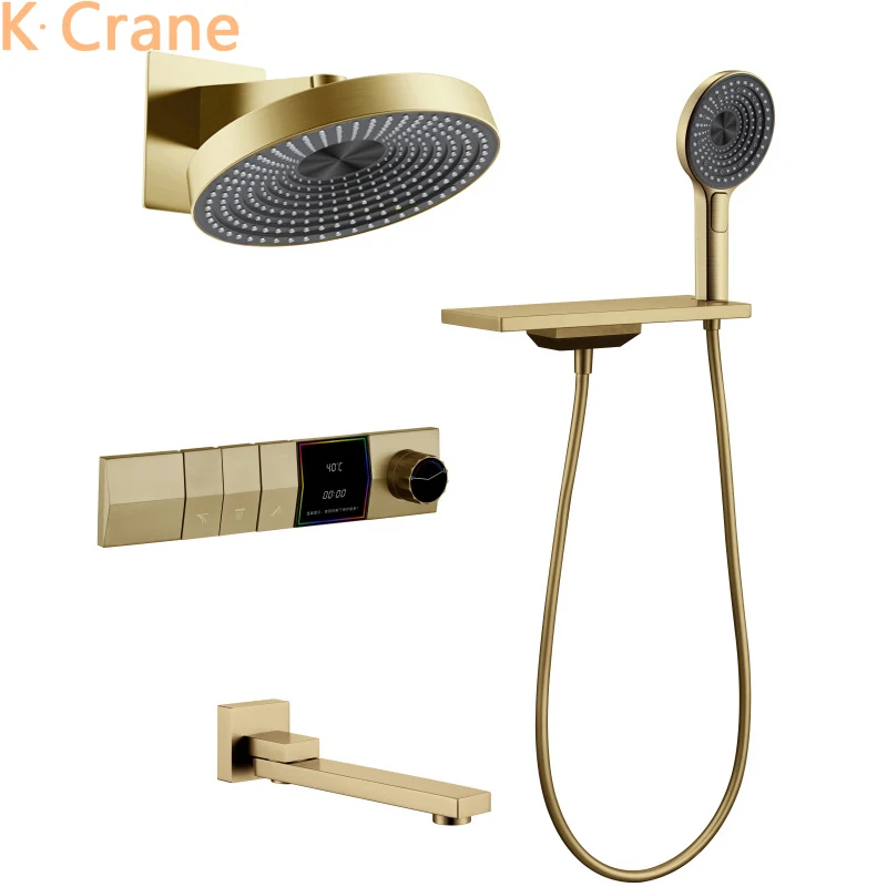 LED Digital Shower Set Wall Concealed Mount Bath Shower System Brush Gold Round Head SPA Rain Fall Modern Luxury Bath Faucet Tap