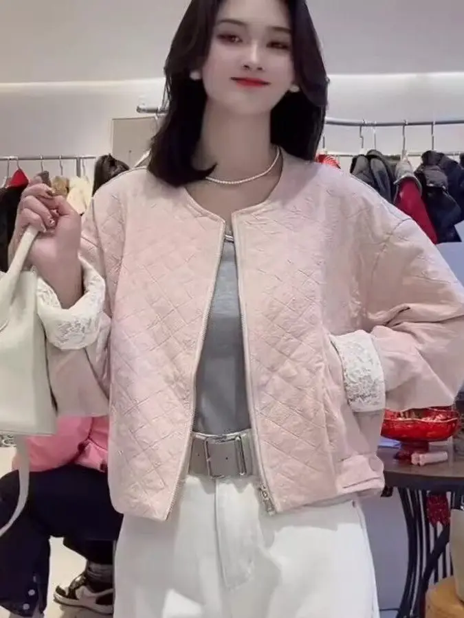 

Korean Style round Neck Baseball Jacket Women's Checkered Outerwear Spring Fashionable Versatile Top Diamond Design Coat