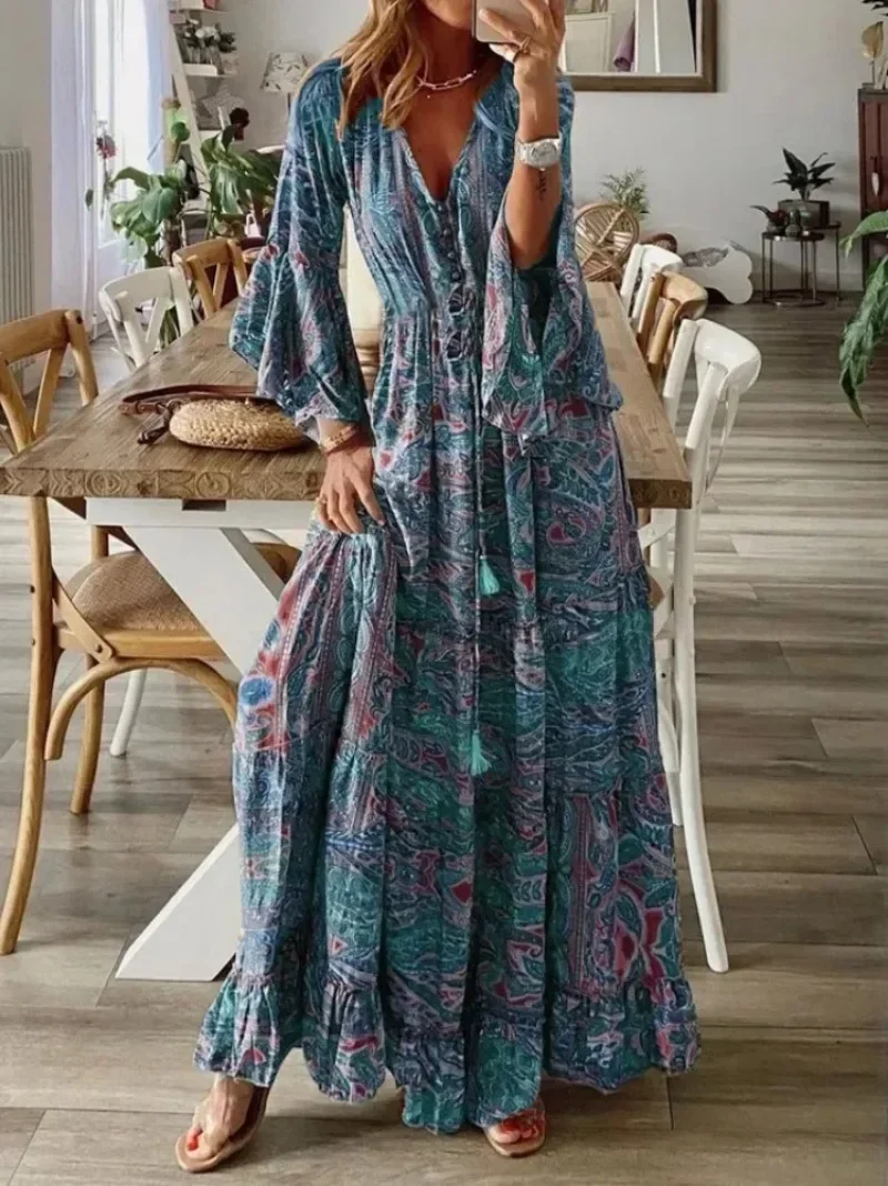 Robe Maxi à Manches sulfpour Femme, Tenue Décontractée, Imprimé Floral, Sexy, Style Bohème, Hiphélicoptère, Chic, Vêtement de Plage, d'Été