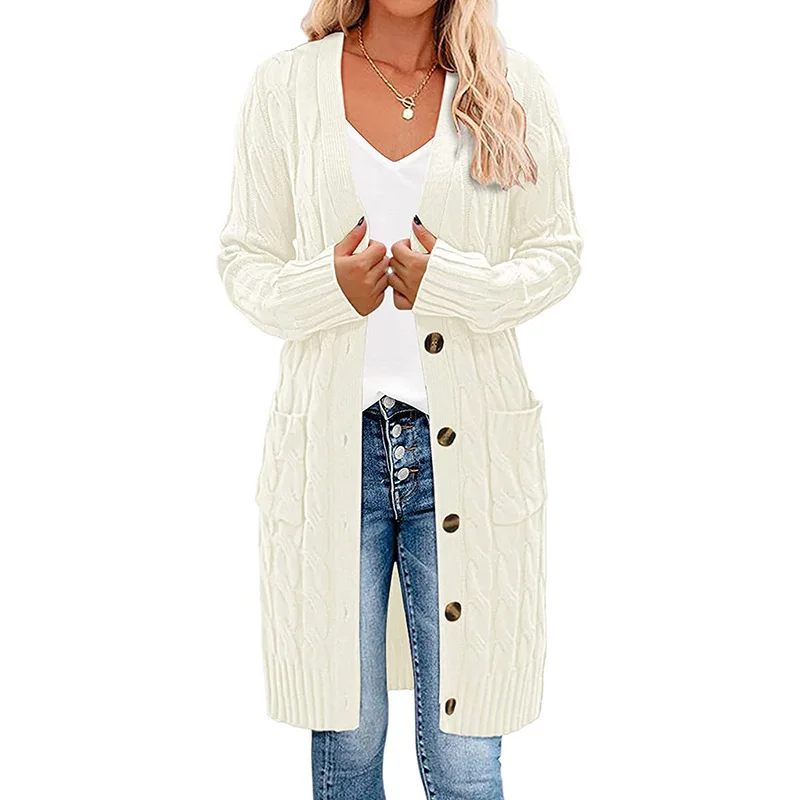 Sweater Women 2024 Fashion Autumn Winter New Long Twist Print Sweater Solid Color Button Pocket Cardigan Women HHX37