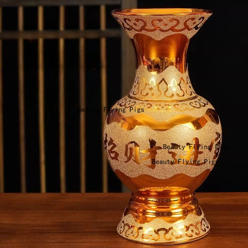 1PC Gold Ceramic Tabletop Vase Buddha Utensil Prayer Enshrine  Living Room Decoration Make A Fortune Flower Planter Home Decor
